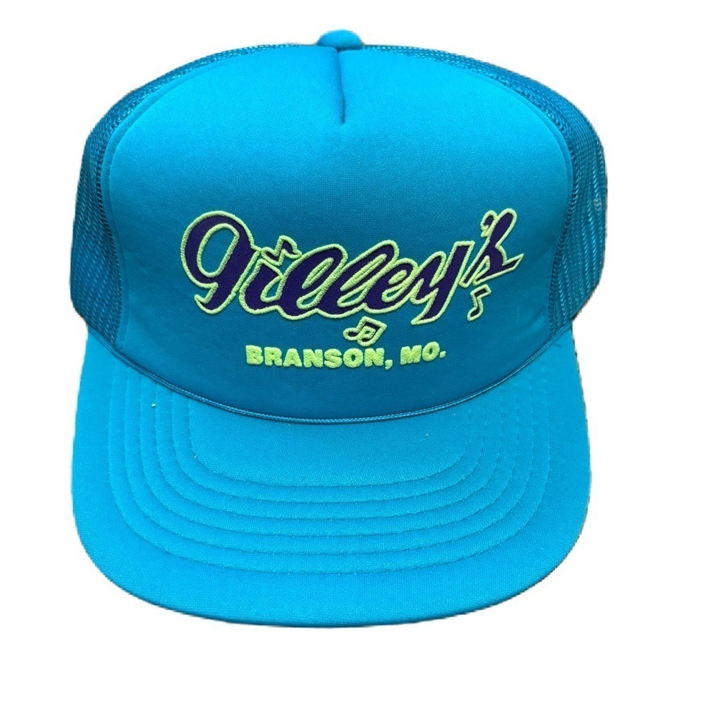 Vintage Gilley's Branson Mo Snapback Trucker Hat Blue Lime Green Foam Mesh